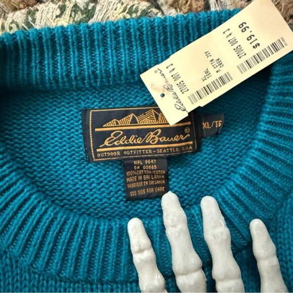 Vintage Deadstock 90s Eddie Bauer Teal Blue Knit Cotton Sweater ~ Size XL - Picture 5 of 6